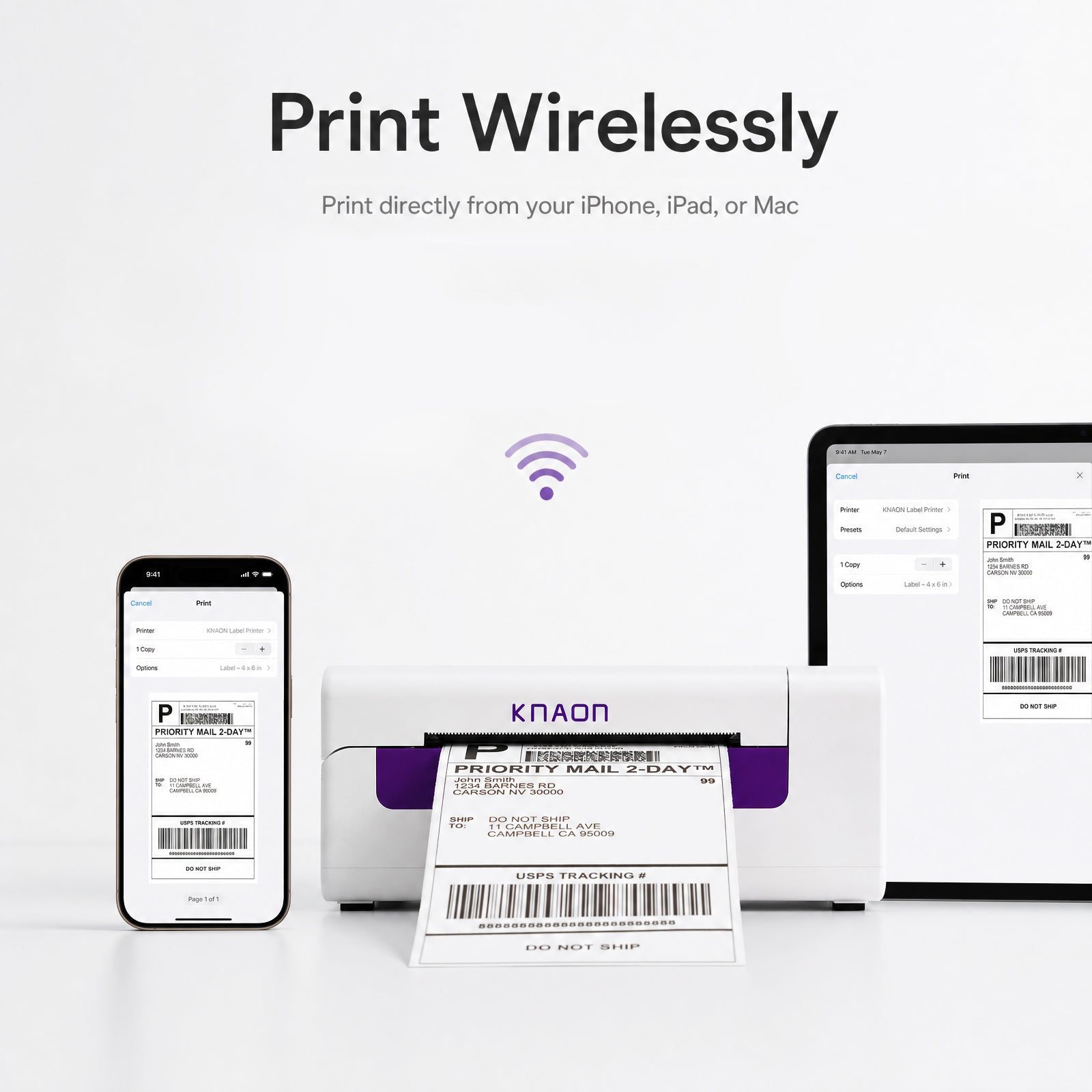 KNAON Y486AP AirPrint thermal label printer printing wirelessly from iPhone, iPad, and Mac