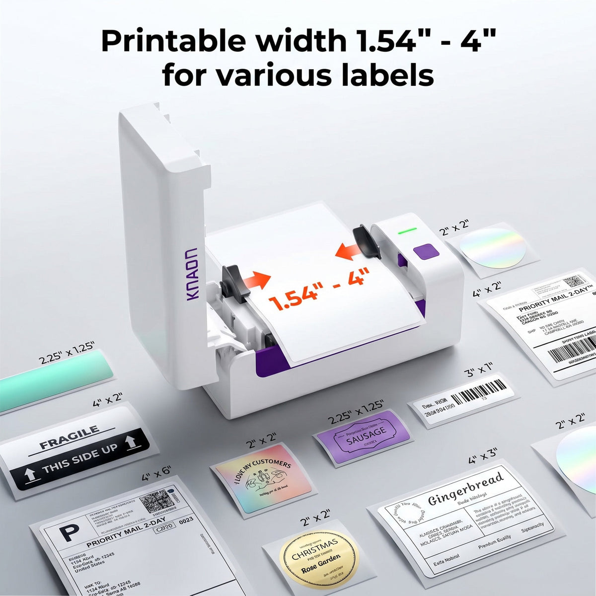 KNAON Y486AP AirPrint thermal label printer with adjustable 1.54 to 4 inch label width for shipping and product labels
