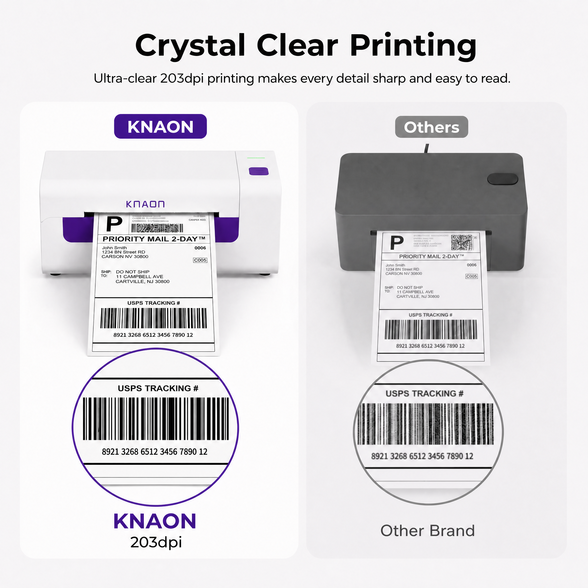 KNAON Y486AP 203dpi AirPrint thermal label printer producing clear barcodes and readable shipping labels