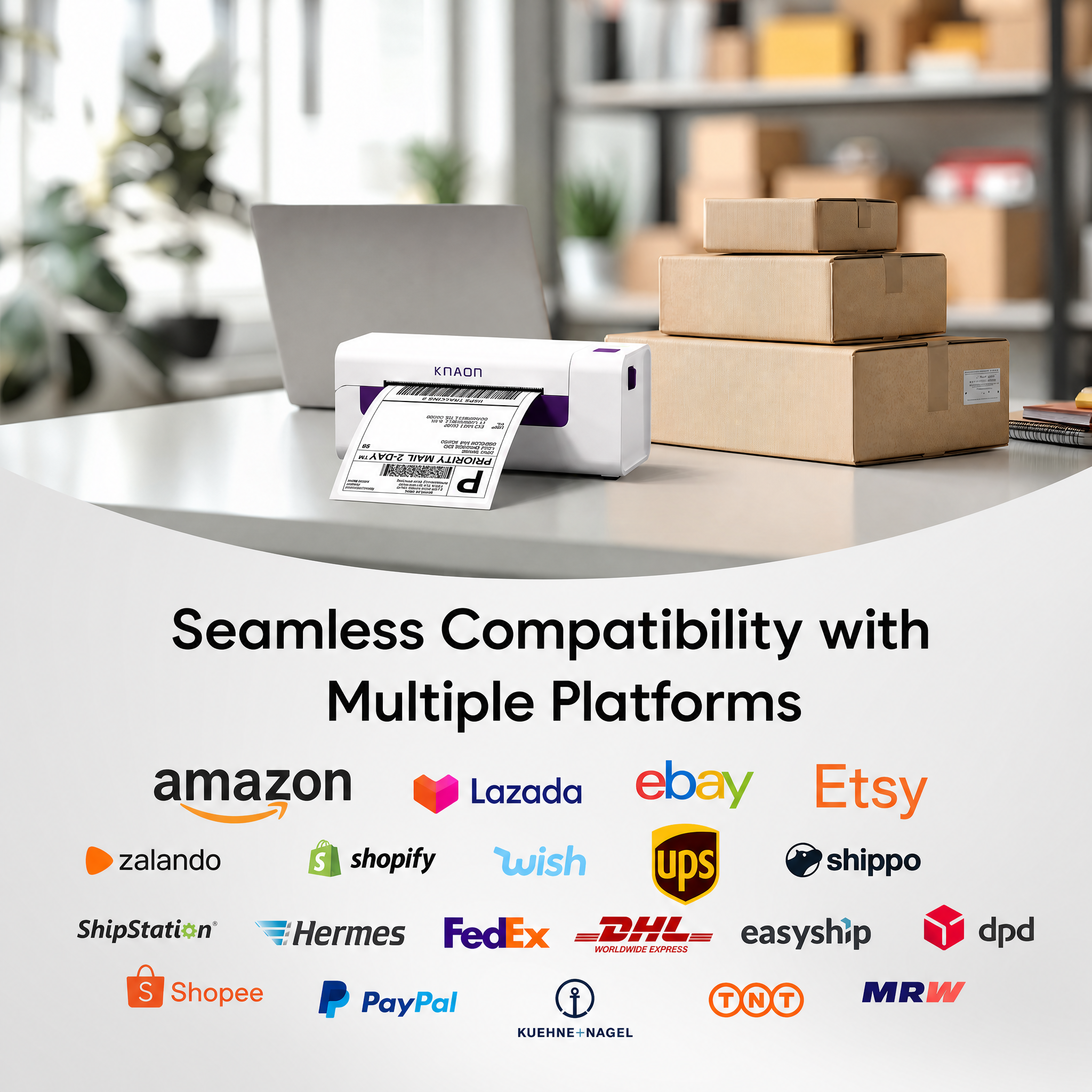 KNAON Y486AP AirPrint wireless thermal label printer compatible with Shopify, Etsy, Amazon, eBay, UPS and FedEx shipping labels