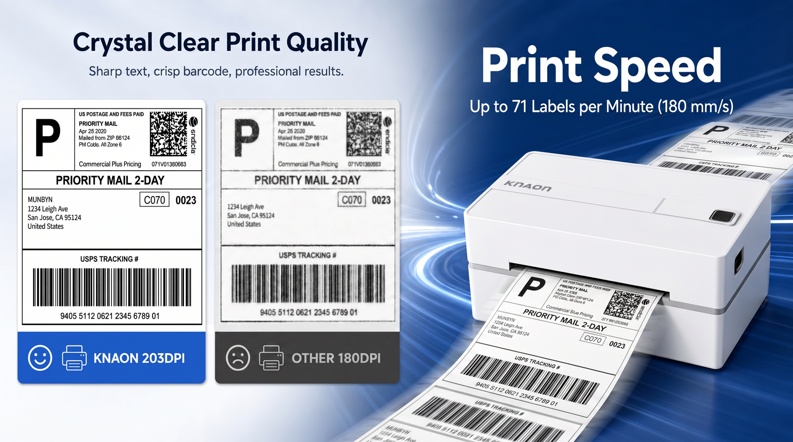 KNAON Y813BT white thermal shipping label printer with 203DPI clear barcode printing and 180mm/s fast print speed