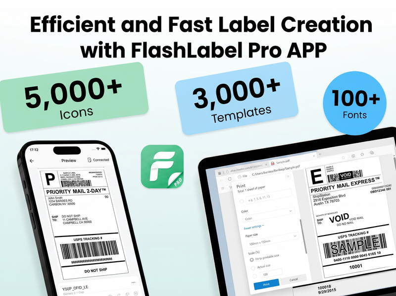 KNAON Bluetooth thermal label printer works with FlashLabel Pro app for fast shipping label and custom label creation
