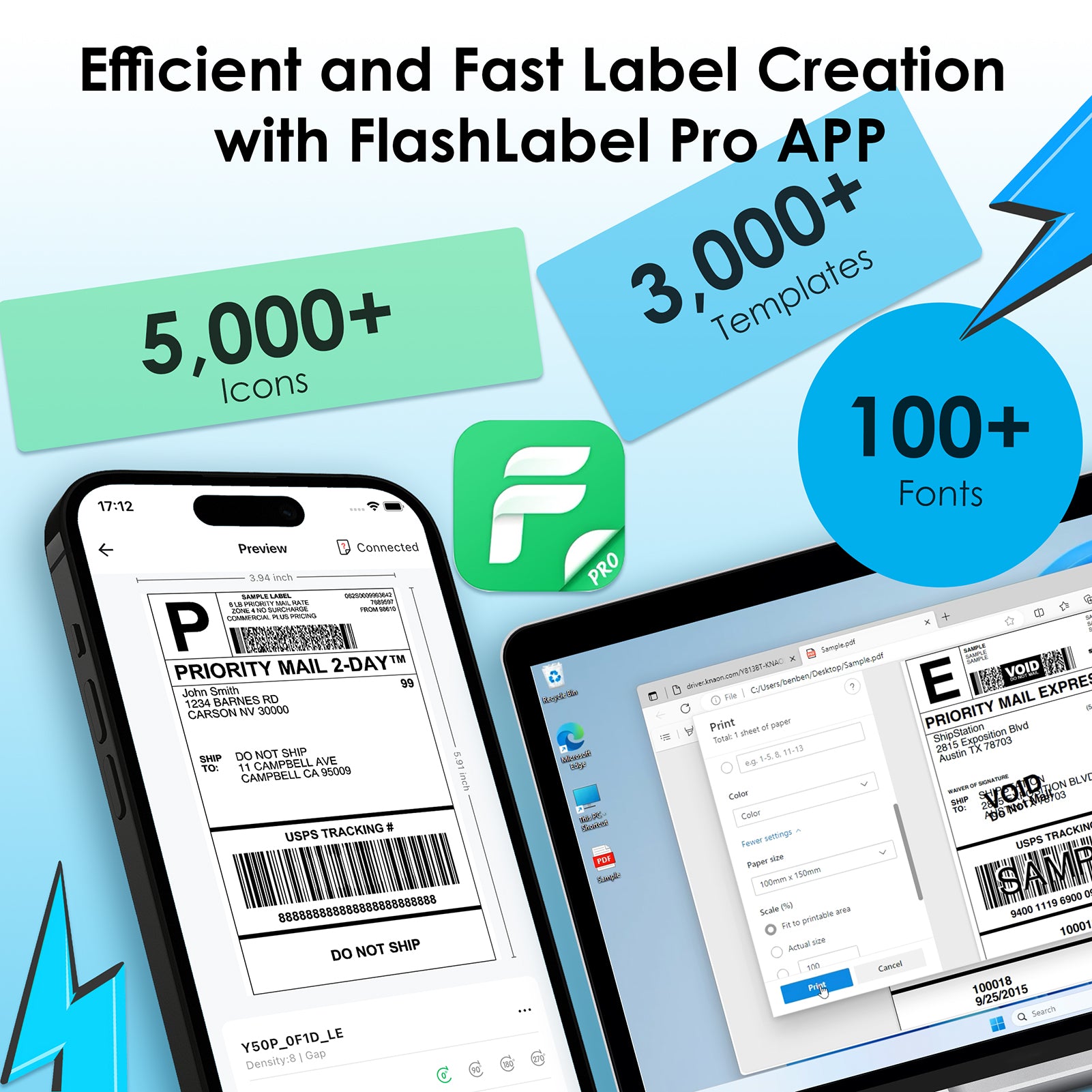 blackKNAON bluetooth thermal label printer works with FlashLabel Pro app for fast label creation with templates, icons, and fonts