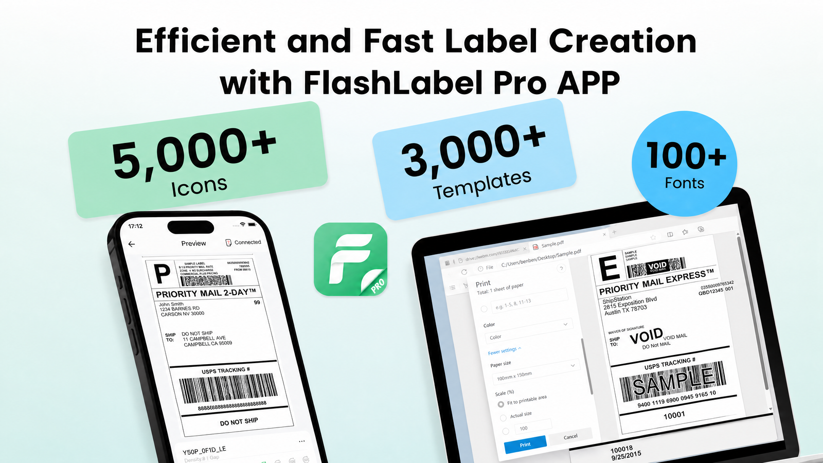KNAON Bluetooth thermal label printer works with FlashLabel Pro app for fast shipping label and custom label creation