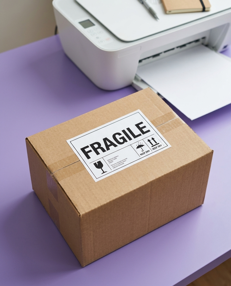 Fragile shipping label on a package printed with a KNAON thermal label printer