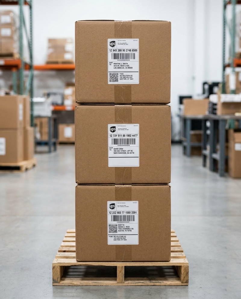 Shipping labels on warehouse packages for small business order fulfillment