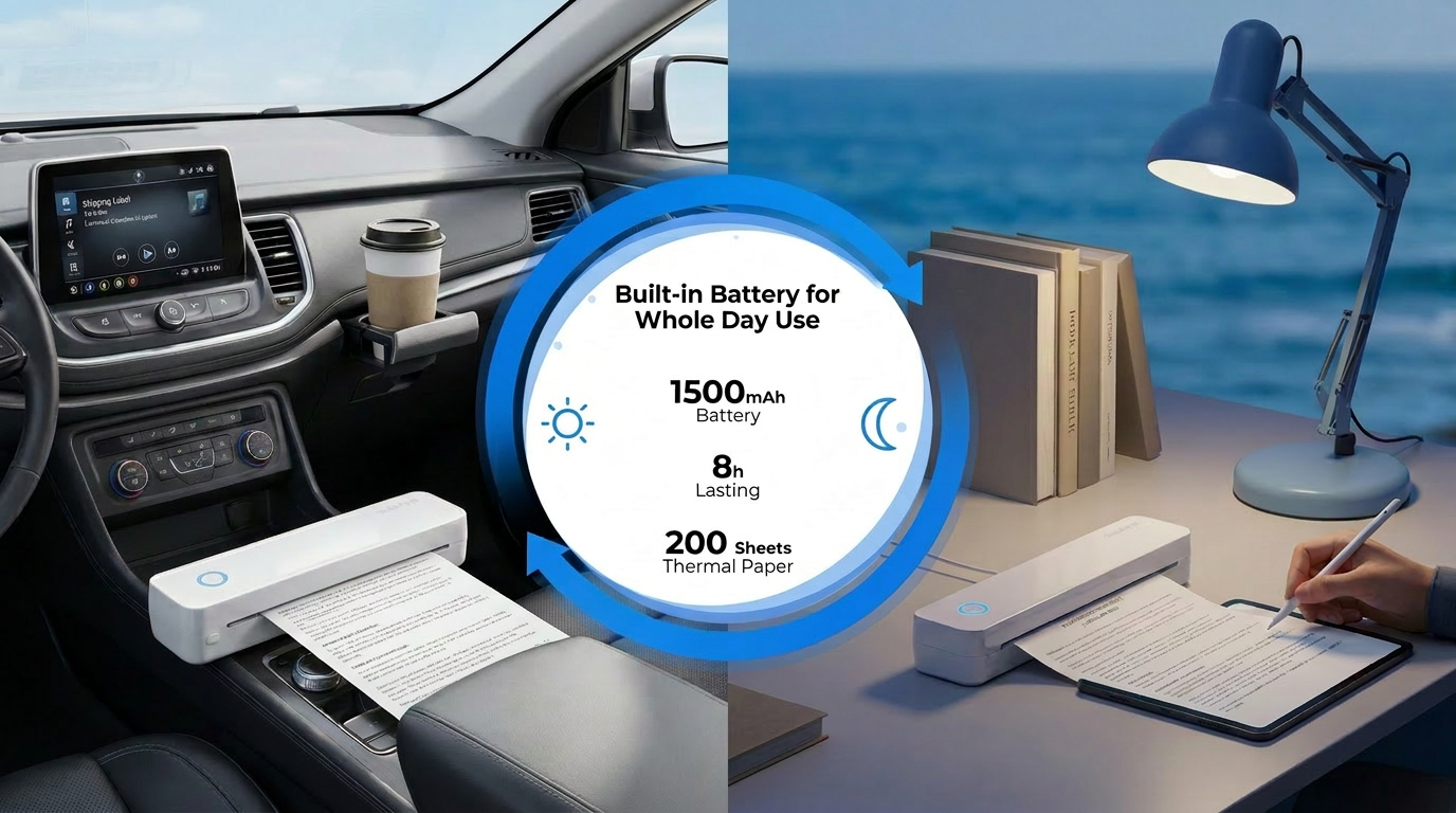KNAON U8 portable A4 thermal printer with 1500mAh battery for mobile office, car printing, and all-day document printing