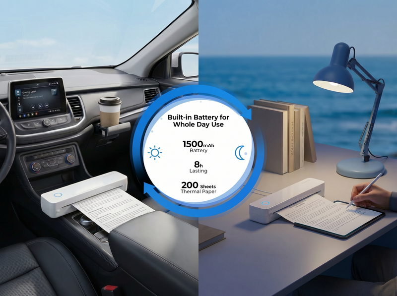 KNAON U8 portable A4 thermal printer with 1500mAh battery for mobile office, car printing, and all-day document printing