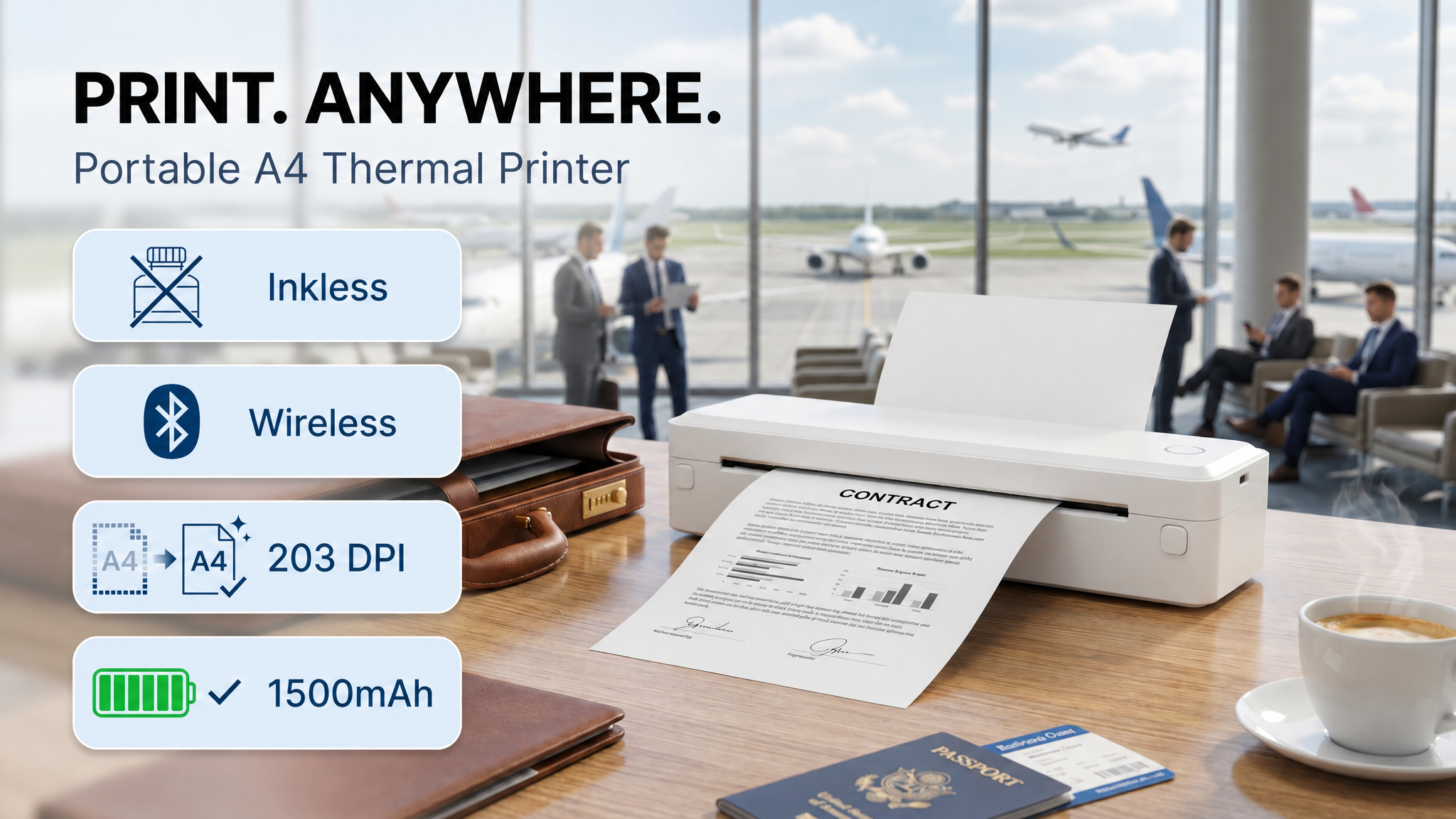 KNAON U8 portable A4 thermal printer for business travel, wireless document printing, and mobile office use