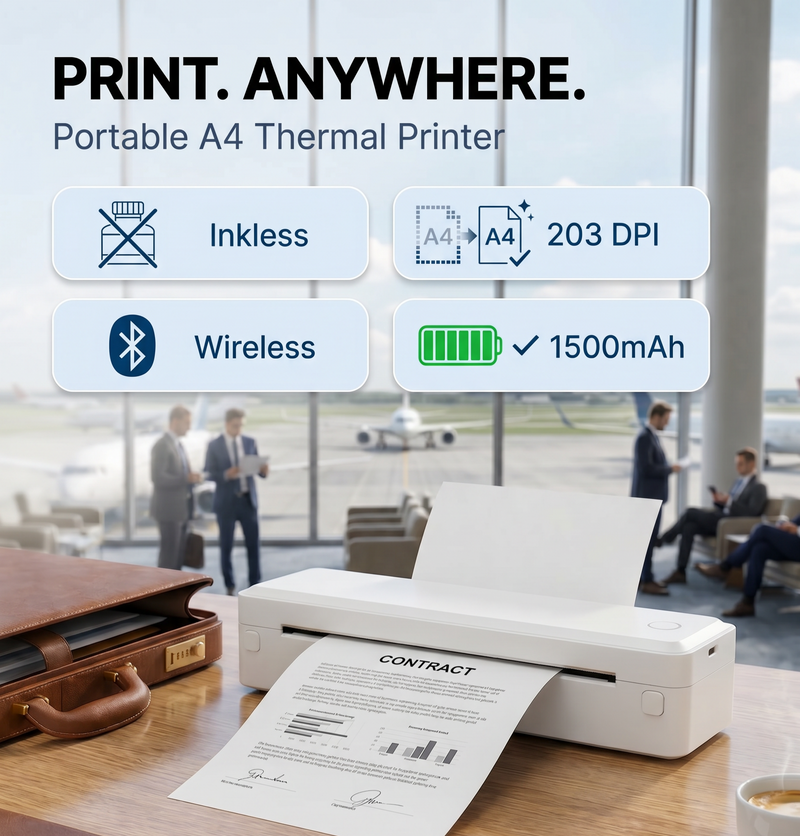 KNAON U8 portable A4 thermal printer for business travel, wireless document printing, and mobile office use