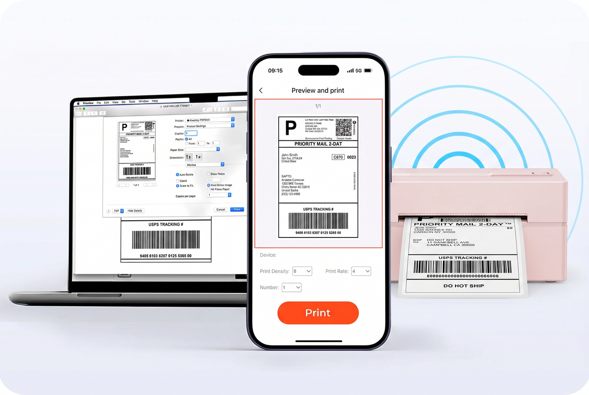 KNAON wireless shipping label printer printing shipping labels from phone and computer