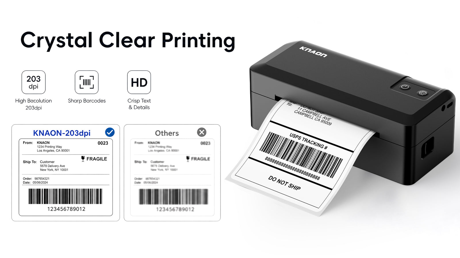 KNAON Y41BT black thermal shipping label printer with 203DPI clear barcode printing and fast label printing speed