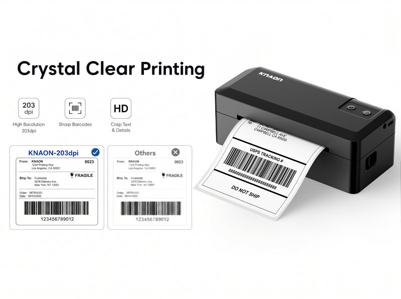 KNAON Y41BT black thermal shipping label printer with 203DPI clear barcode printing and fast label printing speed
