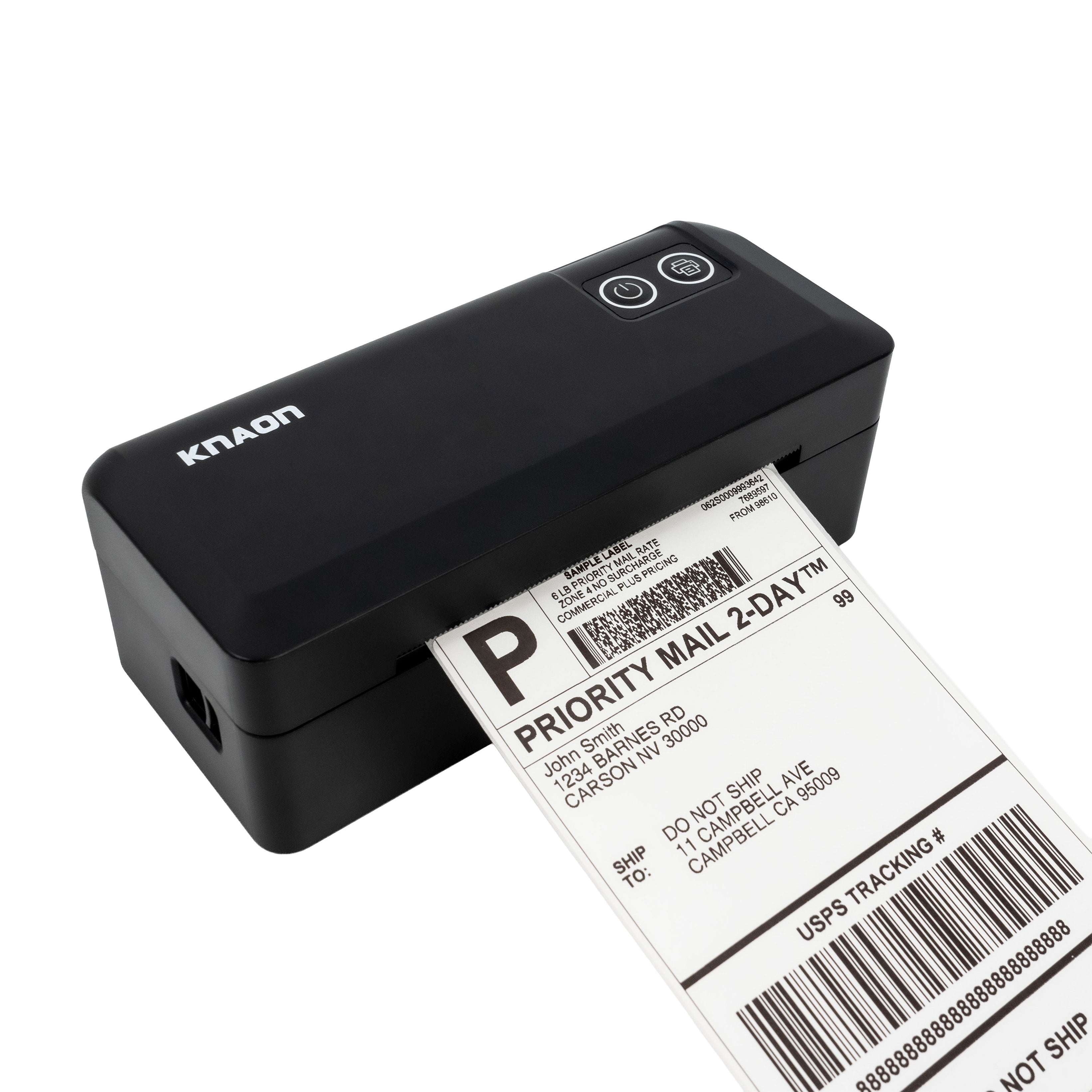KNAON Y41BT Black Bluetooth thermal shipping label printer printing a shipping label