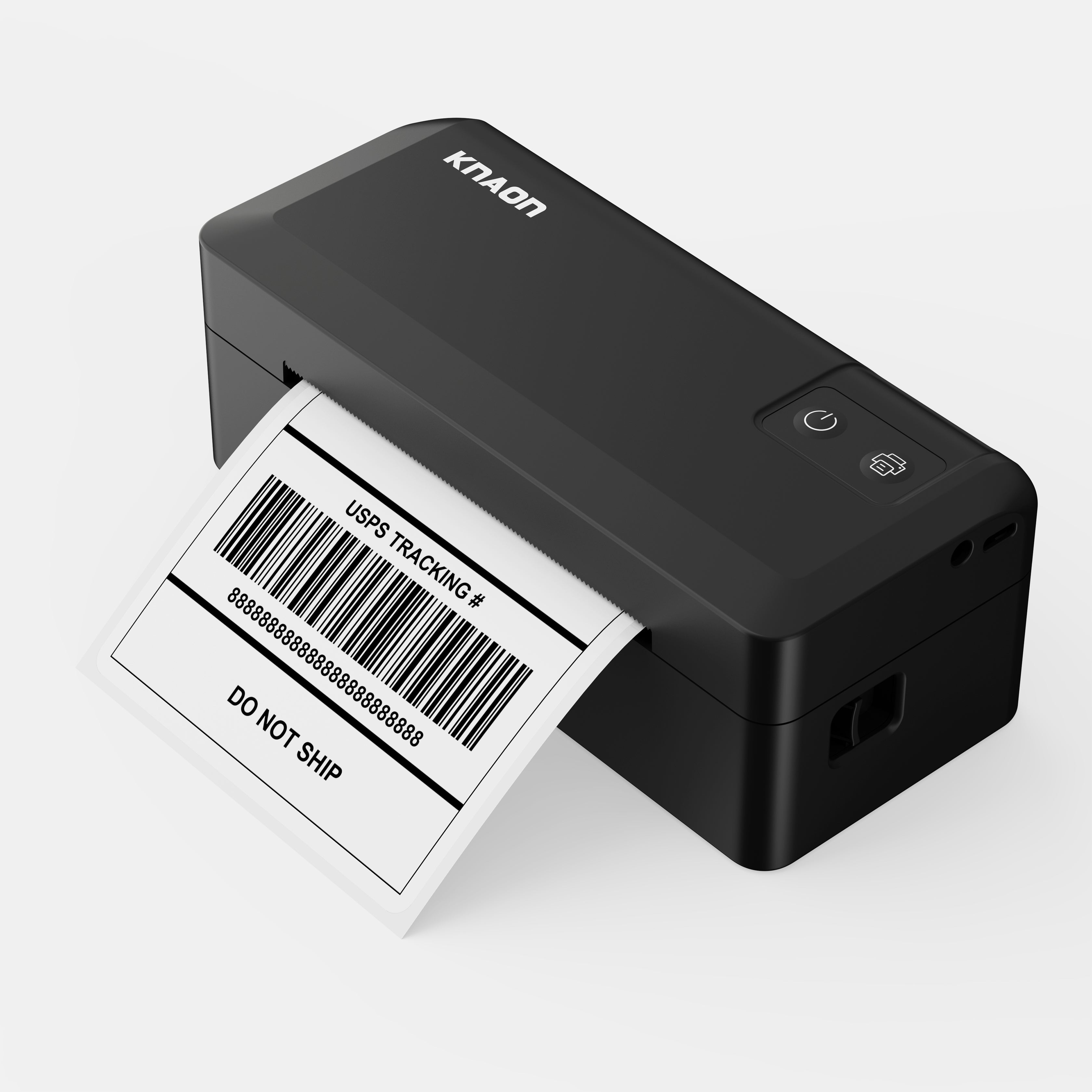 KNAON Y41BT Black Bluetooth thermal shipping label printer printing a shipping label
