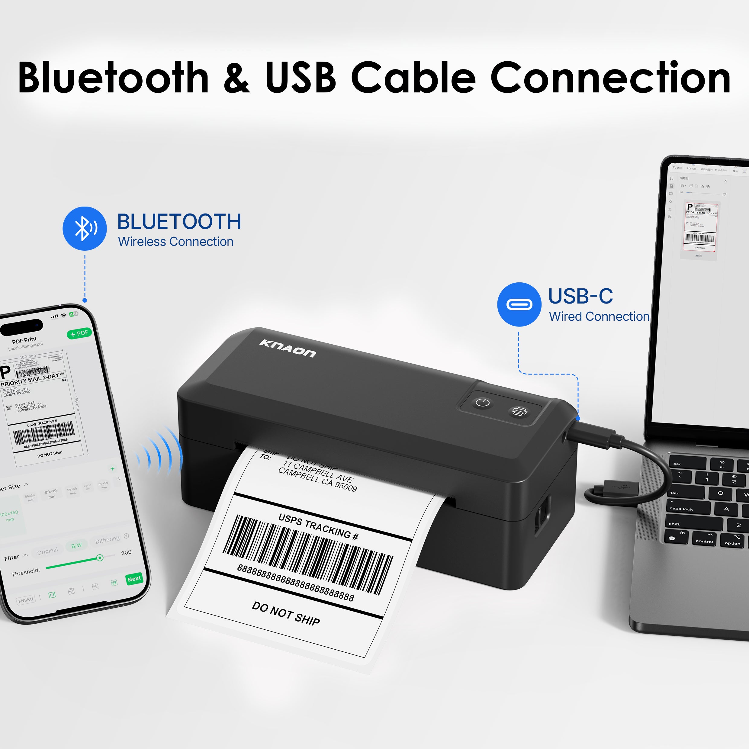 KNAON Y41BT black Bluetooth and USB-C thermal shipping label printer connects to phone and computer for label printing