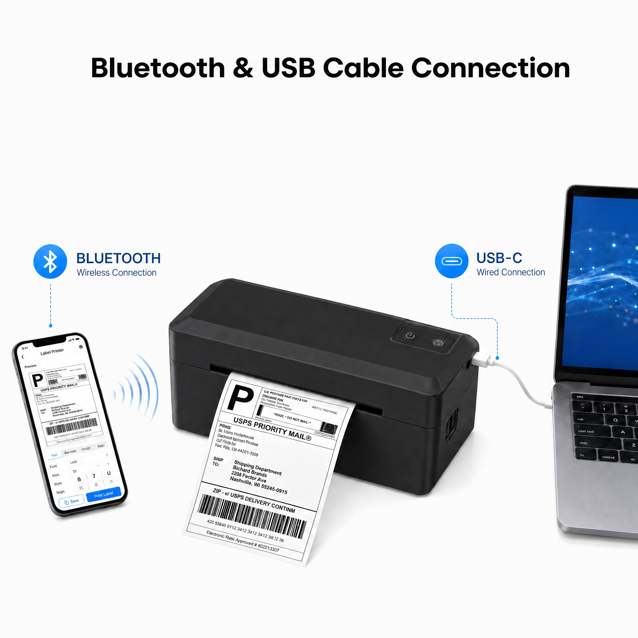 KNAON Y41BT black Bluetooth and USB-C thermal shipping label printer connects to phone and computer for label printing