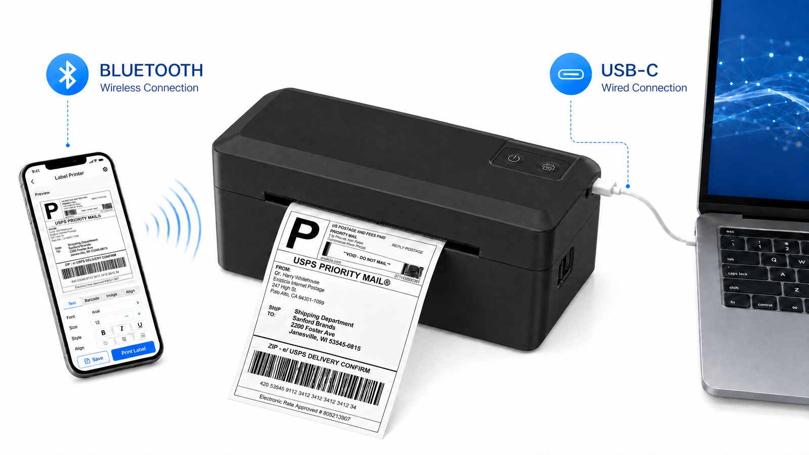 KNAON Y41BT black Bluetooth thermal label printer with USB-C connection for phone and computer shipping label printing