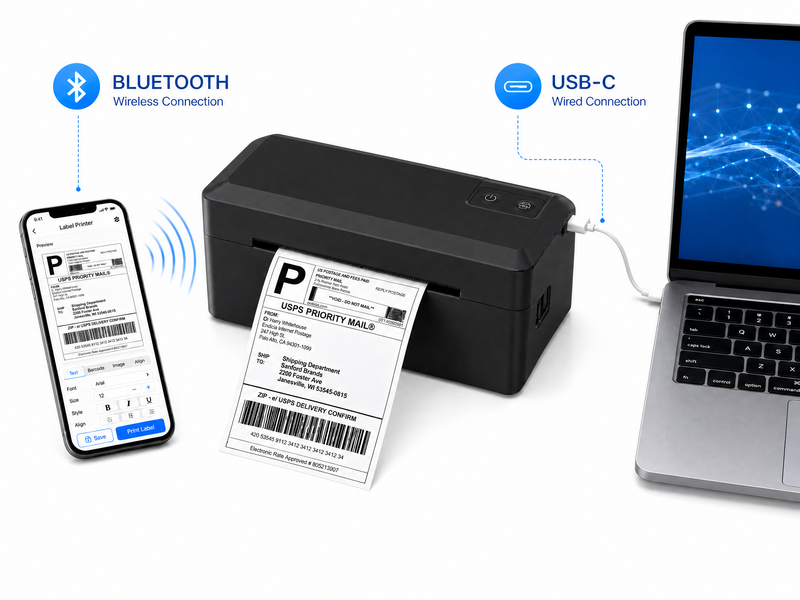 KNAON Y41BT black Bluetooth thermal label printer with USB-C connection for phone and computer shipping label printing
