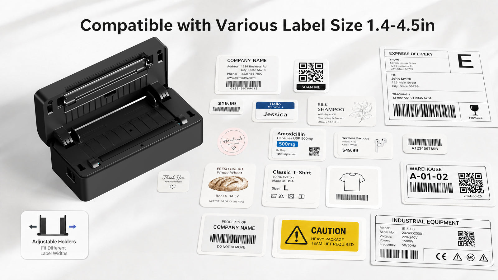 KNAON Y41BT black thermal label printer supports multiple label sizes for shipping labels, product labels, barcode labels, and QR code labels