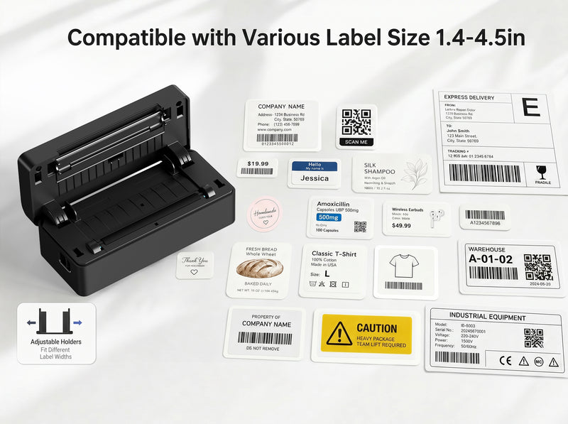 KNAON Y41BT black thermal label printer supports multiple label sizes for shipping labels, product labels, barcode labels, and QR code labels