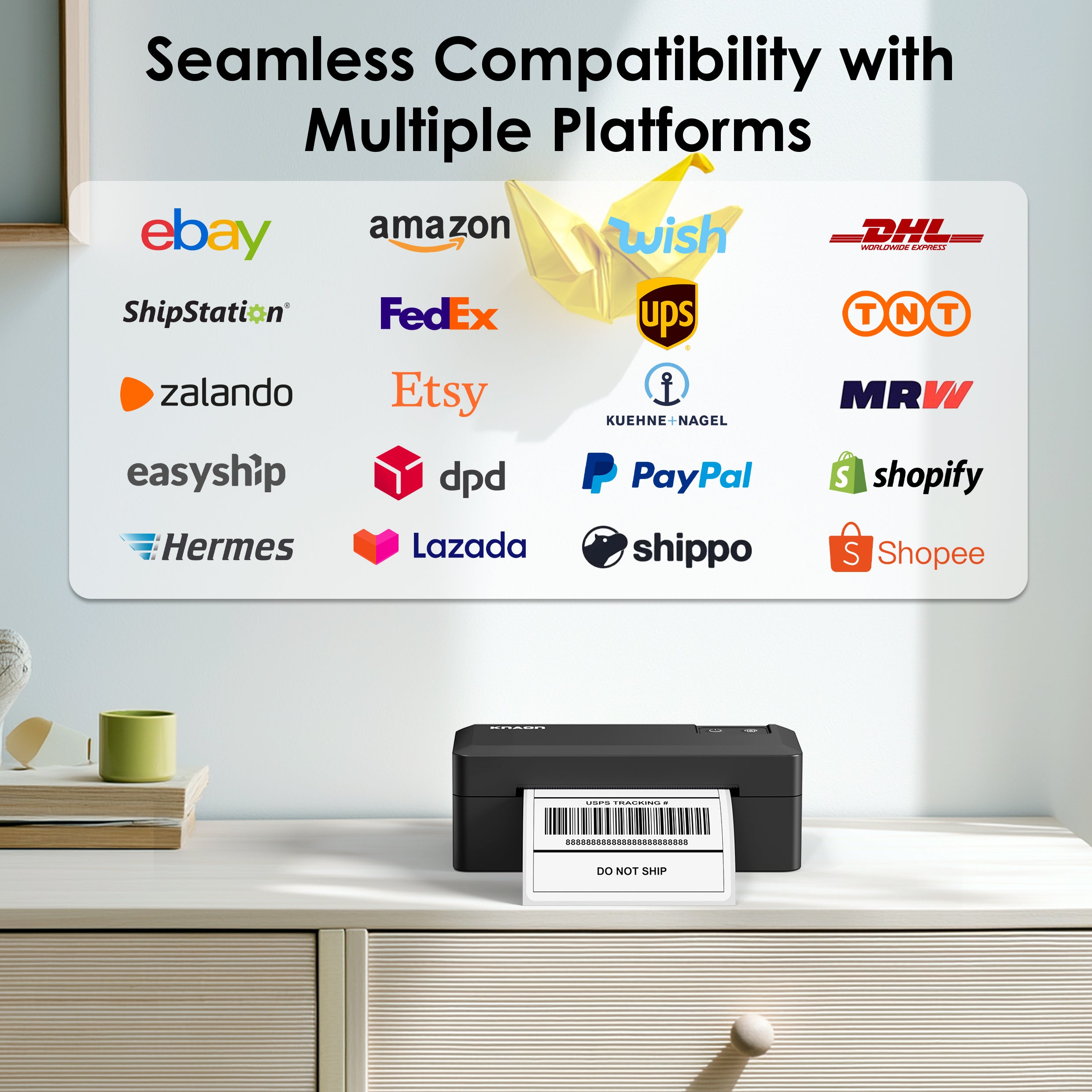 KNAON Y41BT black shipping label printer compatible with Shopify, Etsy, Amazon, eBay, UPS, FedEx, DHL, PayPal, and major shipping platforms