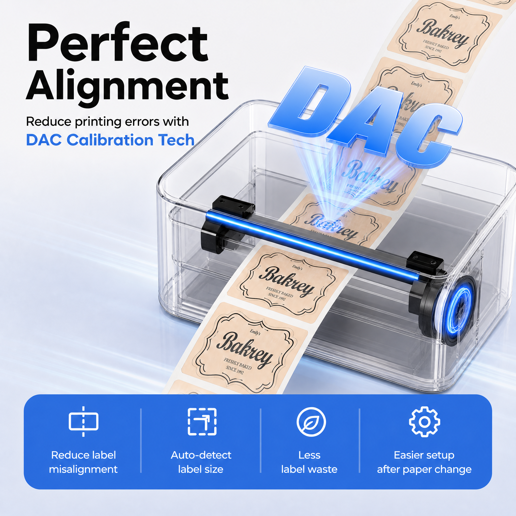 KNAON Y41BT Bluetooth thermal label printer with DAC calibration tech for auto label size detection and reduced label misalignment