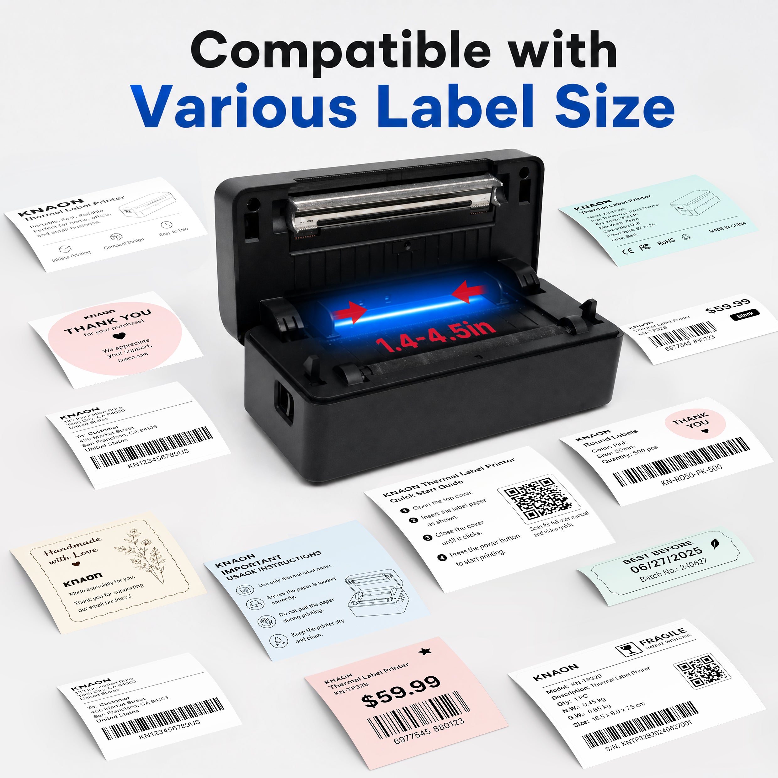 KNAON Y41BT Bluetooth thermal label printer compatible with various label sizes from 1.4 to 4.5 inches for shipping labels, barcode labels, product labels, and stickers