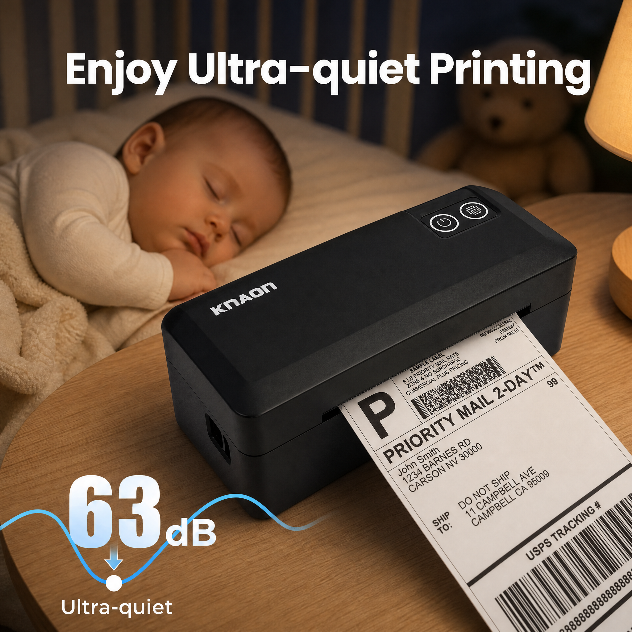 KNAON Y41BT black thermal shipping label printer with ultra-quiet 63 dB printing for home office and small business use