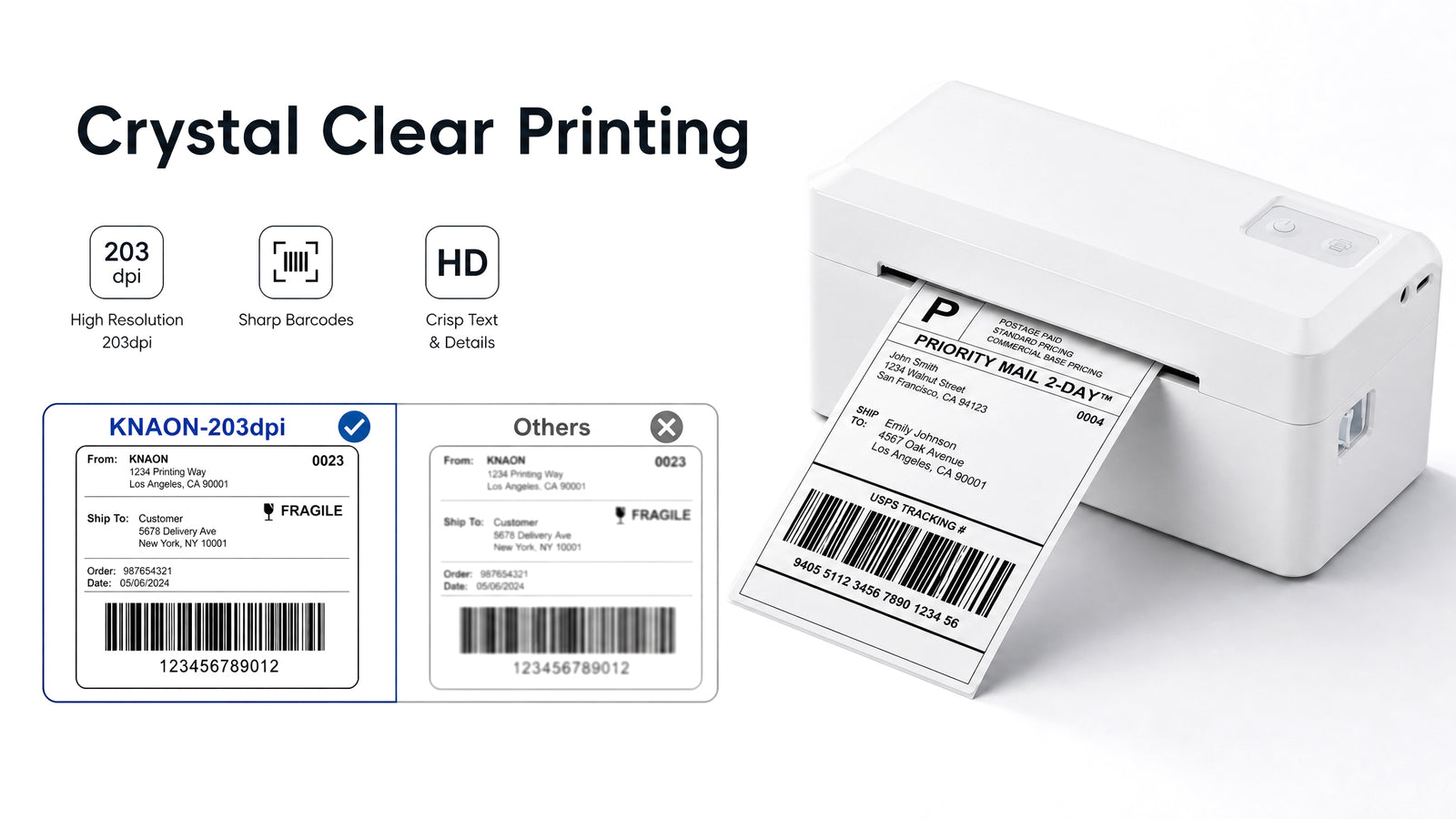 KNAON Y41BT white thermal shipping label printer with 203DPI clear barcode printing and fast label printing speed