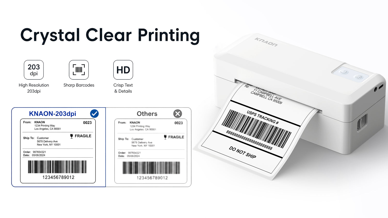 KNAON Y41BT white thermal shipping label printer with 203DPI clear barcode printing and fast label printing speed