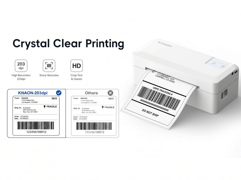 KNAON Y41BT white thermal shipping label printer with 203DPI clear barcode printing and fast label printing speed