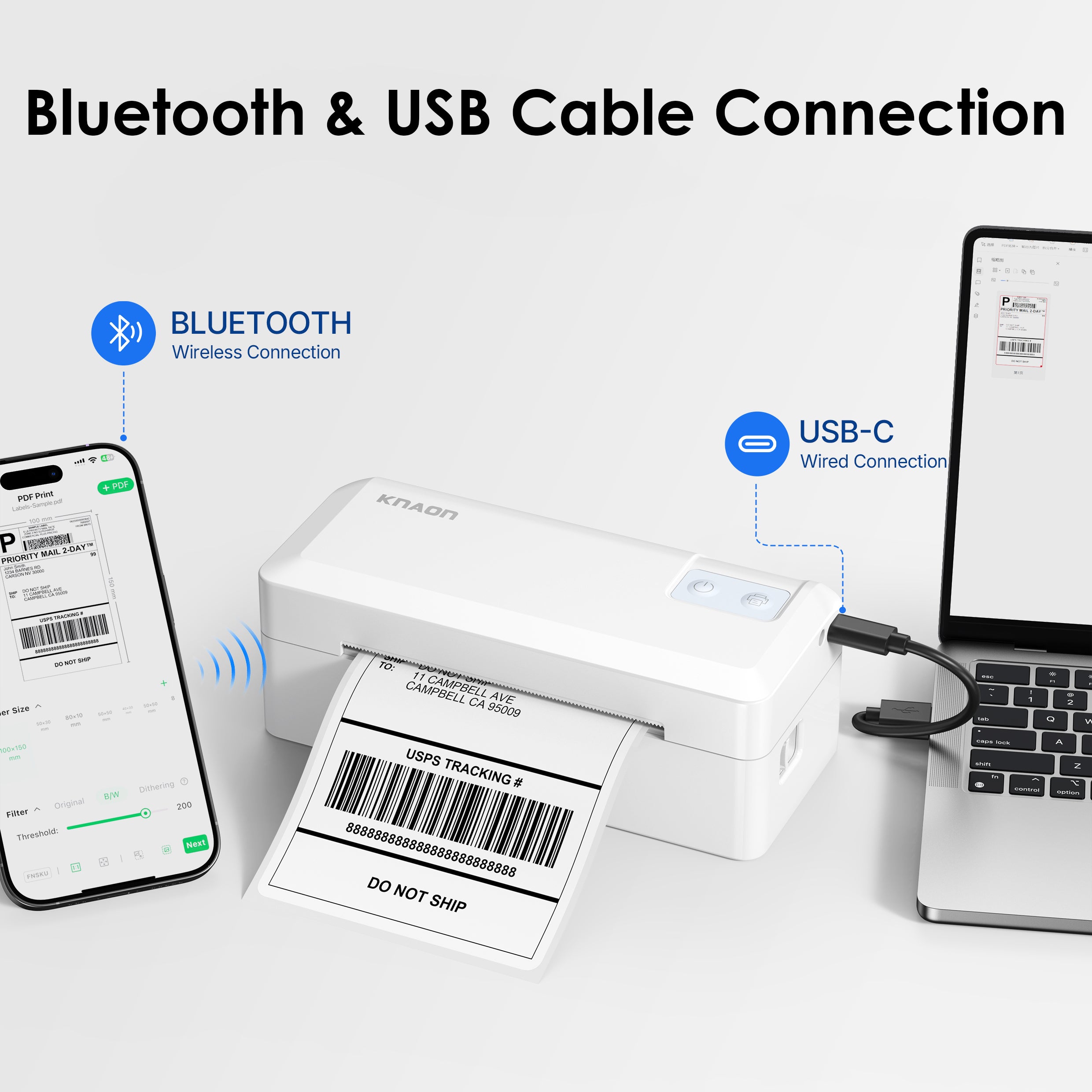 KNAON Y41BT white Bluetooth and USB-C thermal shipping label printer connects to phone and computer for label printing