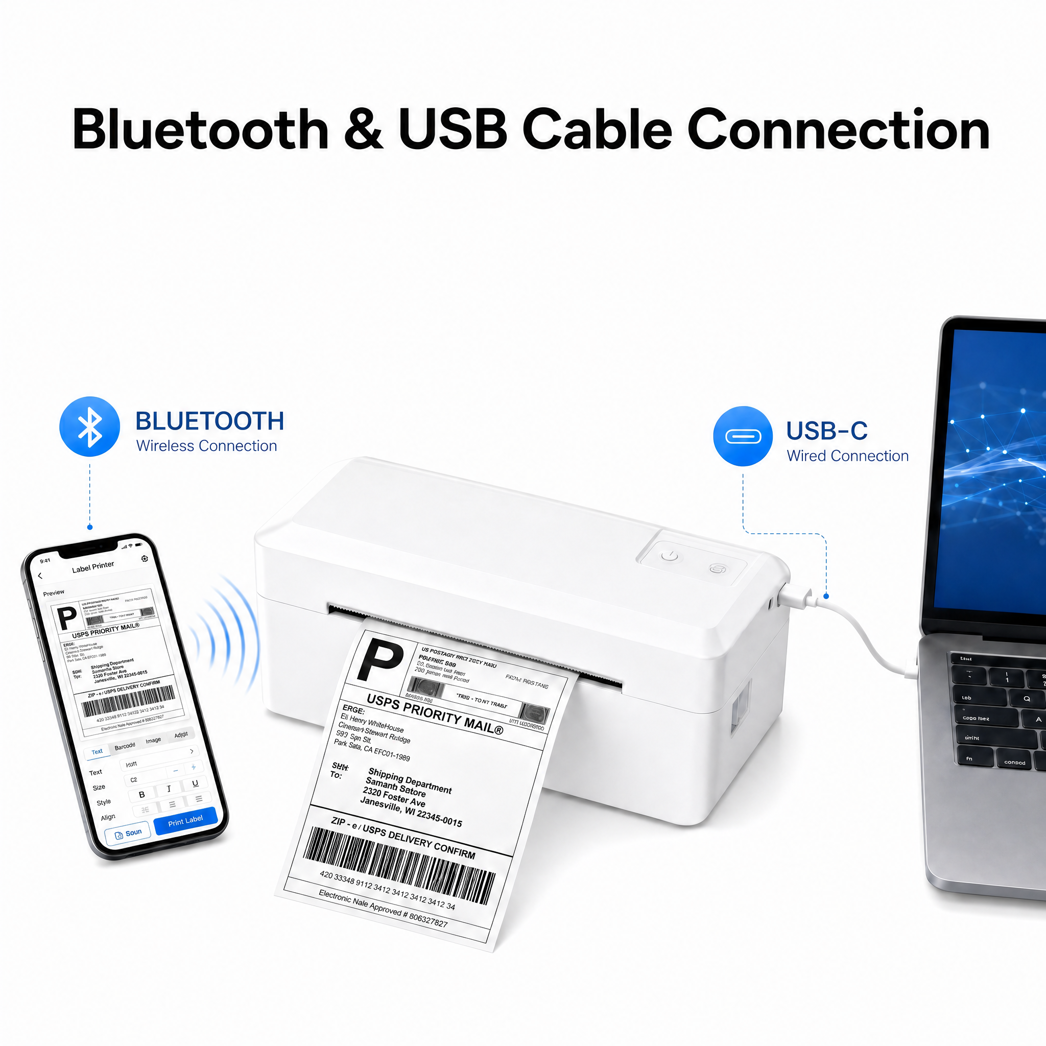 KNAON Y41BT white Bluetooth and USB-C thermal shipping label printer connects to phone and computer for label printing