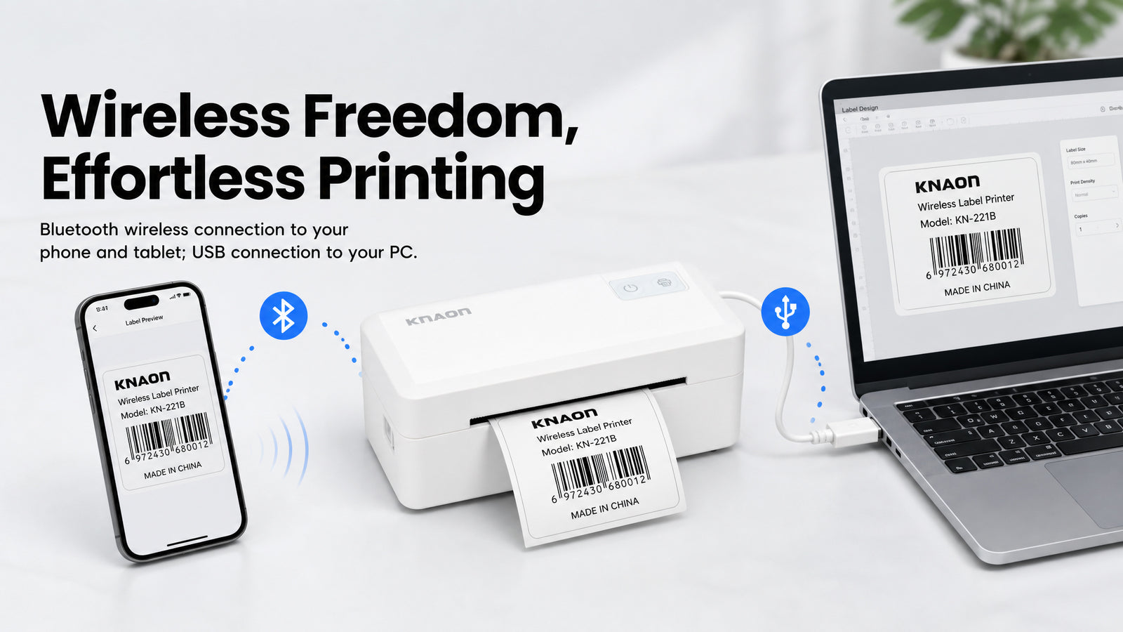KNAON Y41BT white Bluetooth thermal label printer with USB-C connection for phone and computer shipping label printing