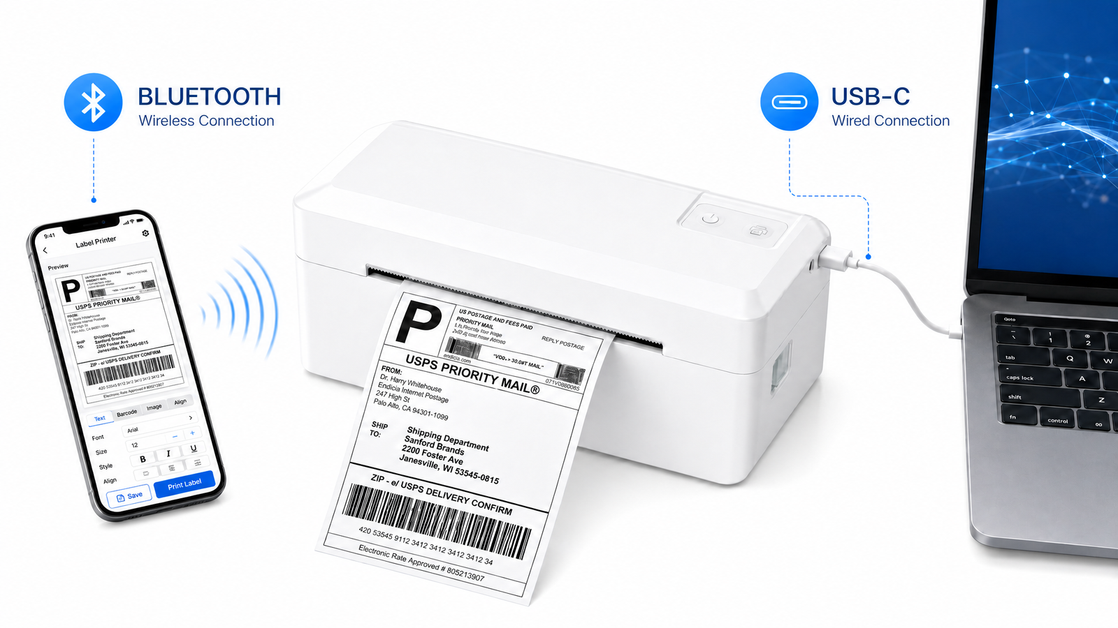KNAON Y41BT white Bluetooth thermal label printer with USB-C connection for phone and computer shipping label printing
