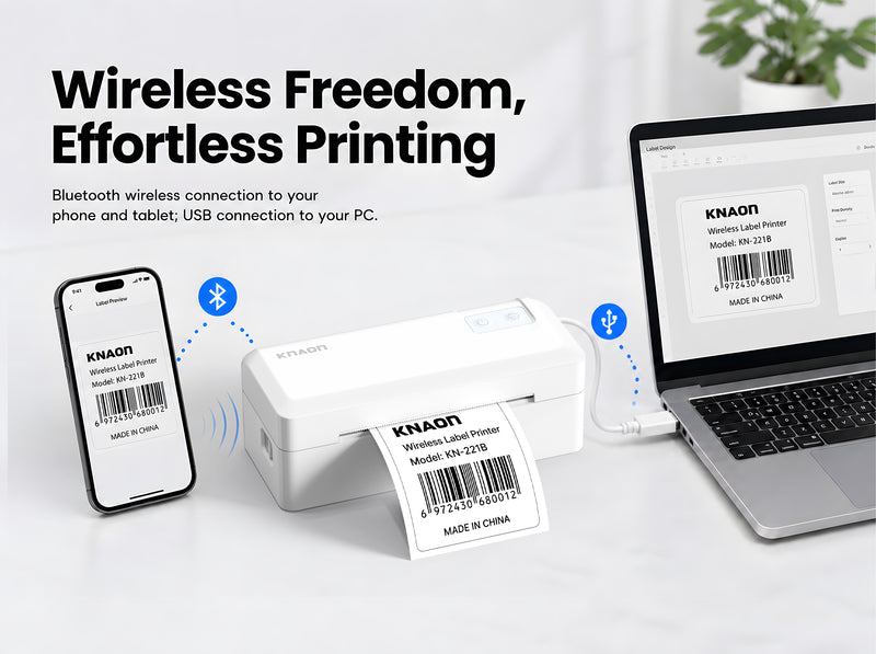 KNAON Y41BT white Bluetooth thermal label printer with USB-C connection for phone and computer shipping label printing