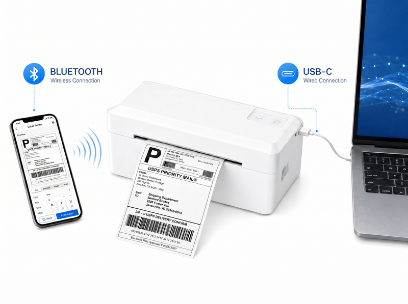 KNAON Y41BT white Bluetooth thermal label printer with USB-C connection for phone and computer shipping label printing
