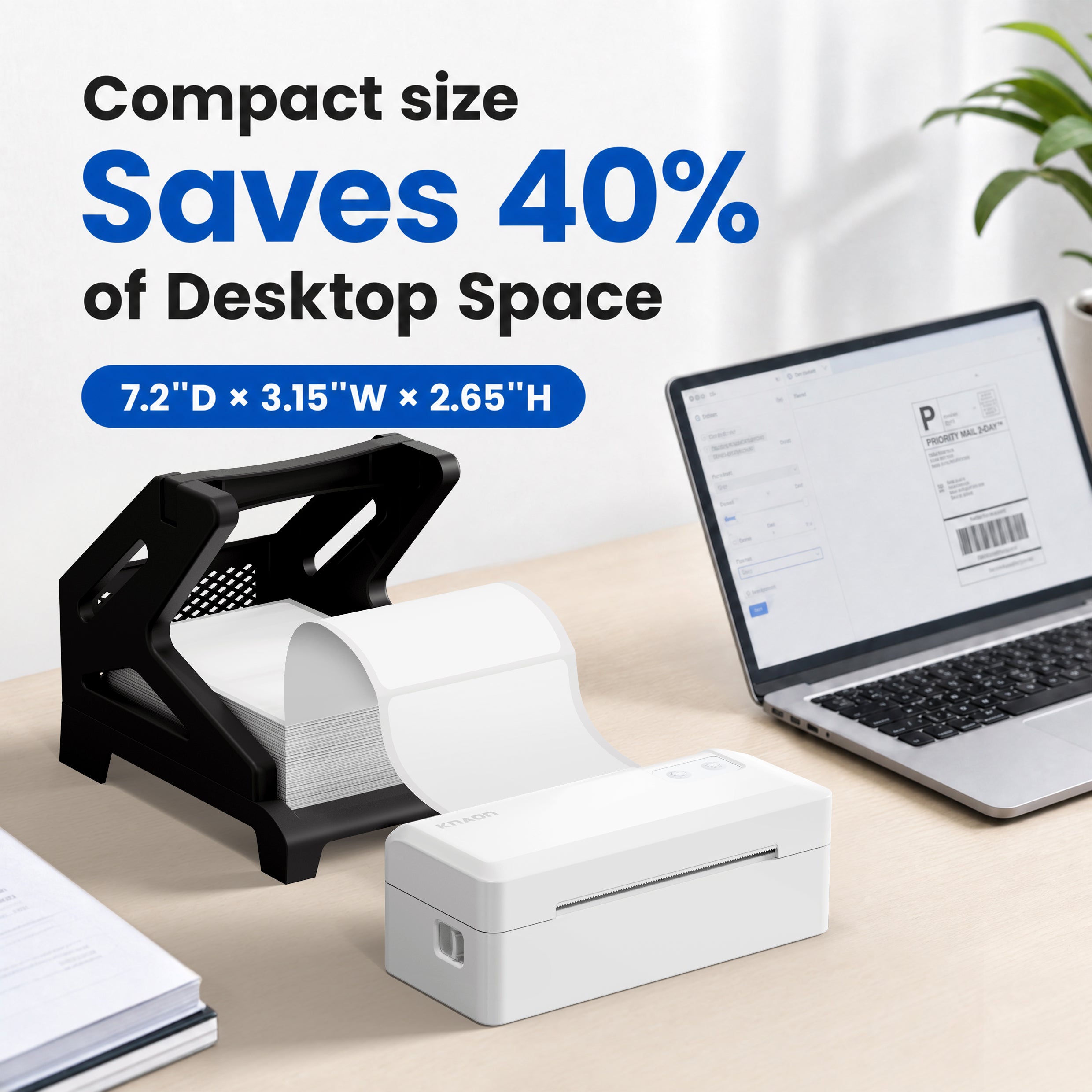 KNAON Y41BT white compact thermal label printer saves desktop space for home office and small business shipping