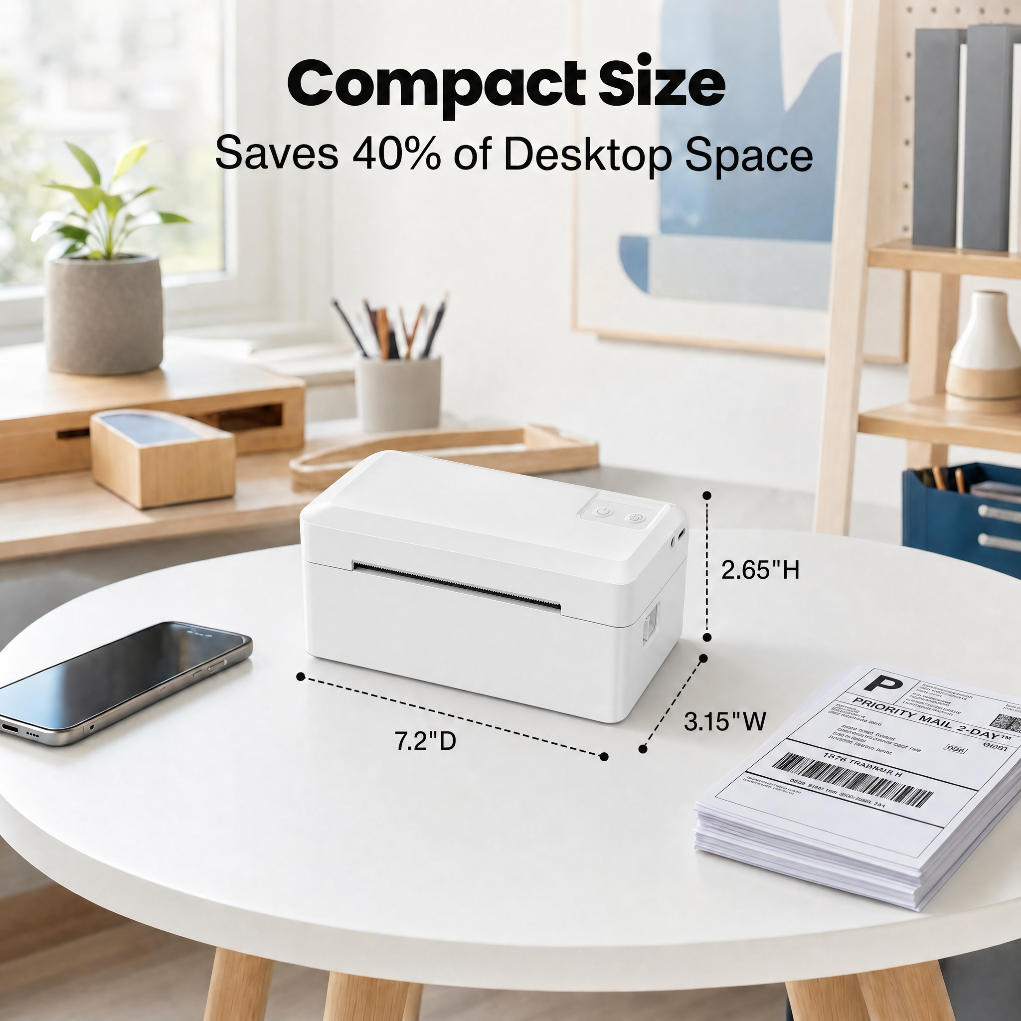 KNAON Y41BT white compact thermal label printer saves desktop space for home office and small business shipping