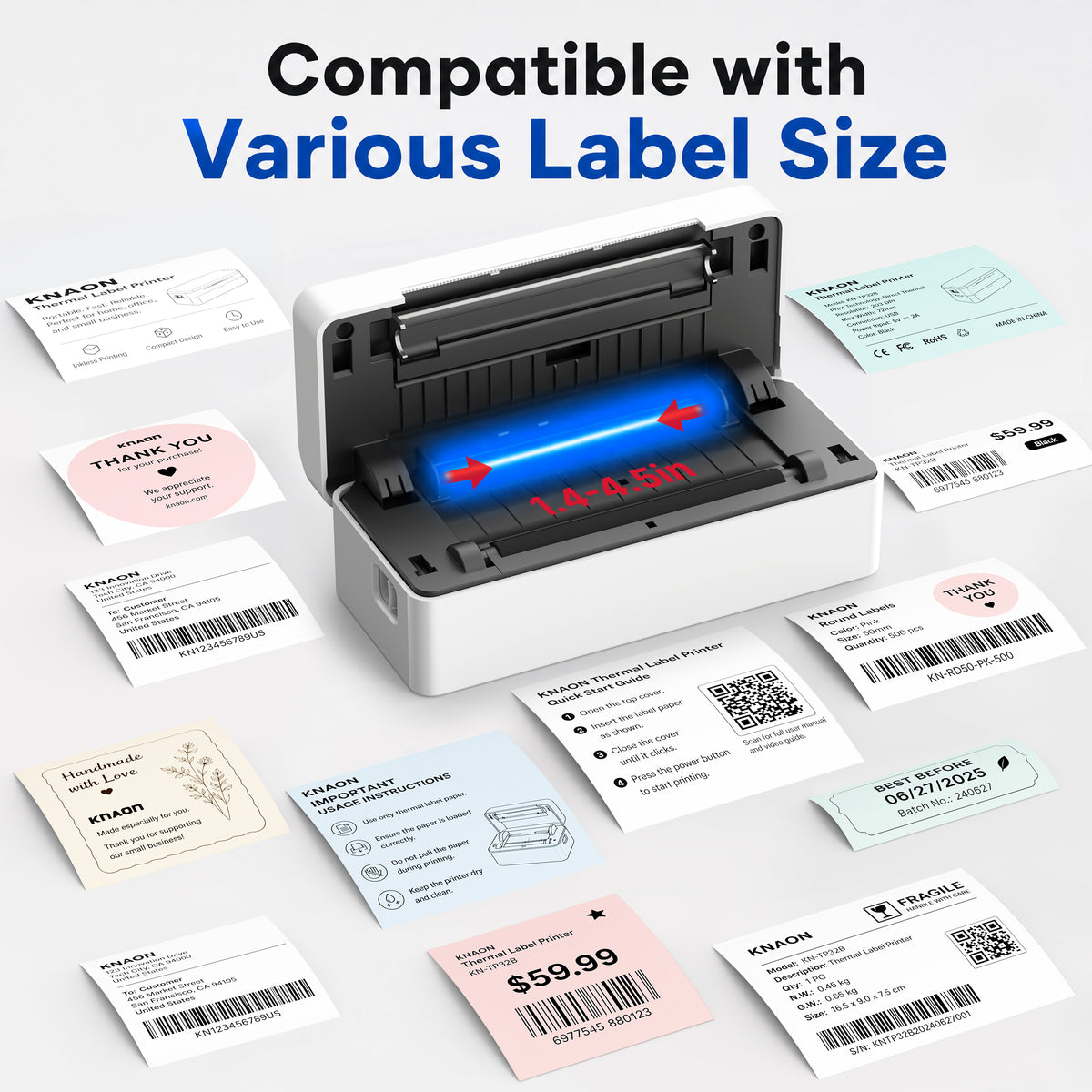 KNAON Y41BT white thermal label printer supports multiple label sizes for shipping labels, thank you stickers, product labels, and fragile labels