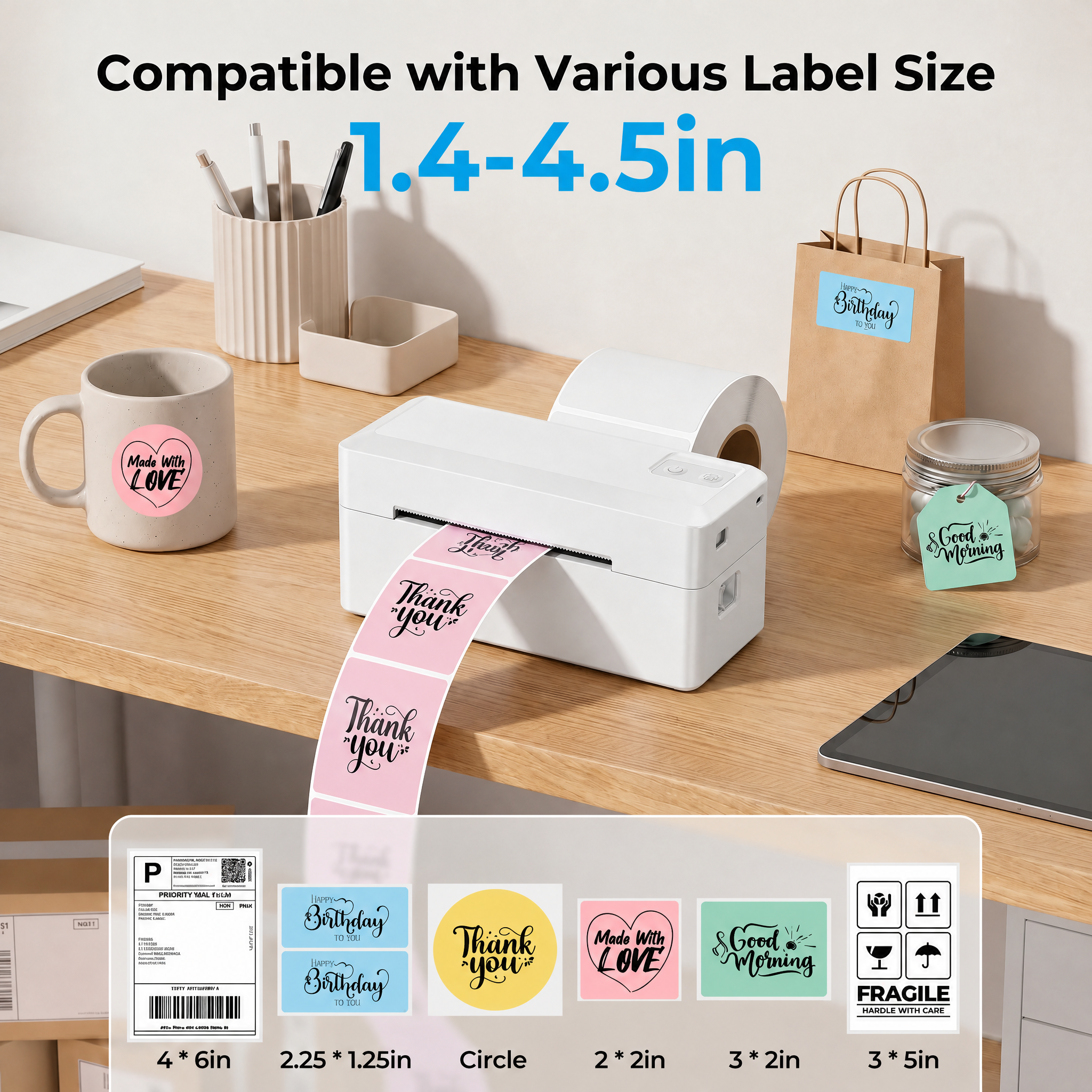 KNAON Y41BT white thermal label printer supports multiple label sizes for shipping labels, thank you stickers, product labels, and fragile labels
