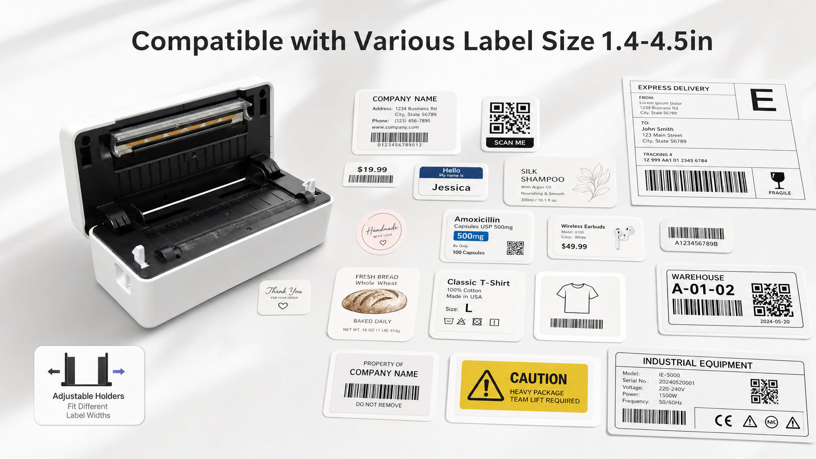 KNAON Y41BT white thermal label printer supports multiple label sizes for shipping labels, product labels, barcode labels, and QR code labels