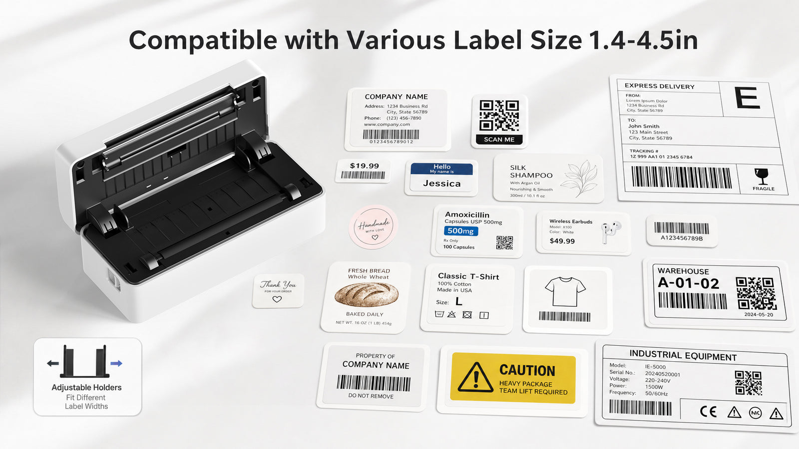 KNAON Y41BT white thermal label printer supports multiple label sizes for shipping labels, product labels, barcode labels, and QR code labels