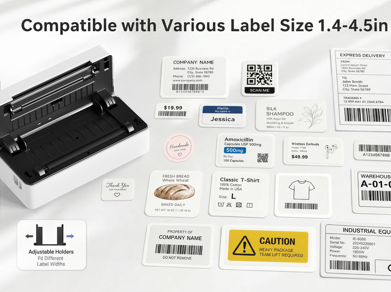 KNAON Y41BT white thermal label printer supports multiple label sizes for shipping labels, product labels, barcode labels, and QR code labels