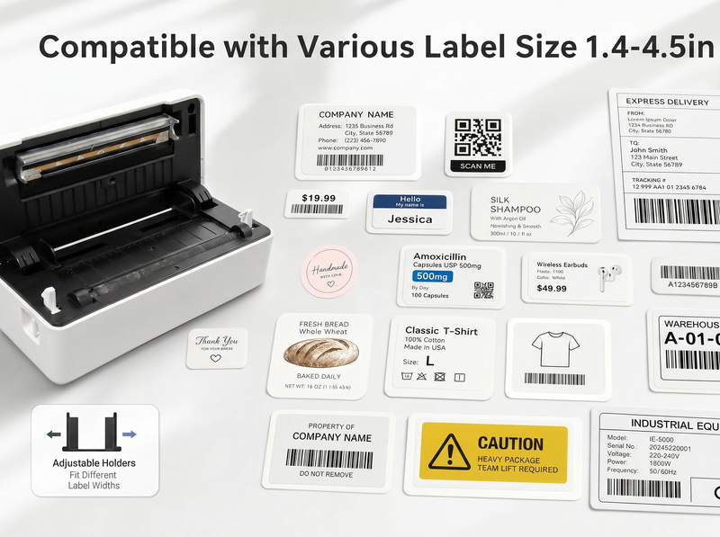 KNAON Y41BT white thermal label printer supports multiple label sizes for shipping labels, product labels, barcode labels, and QR code labels