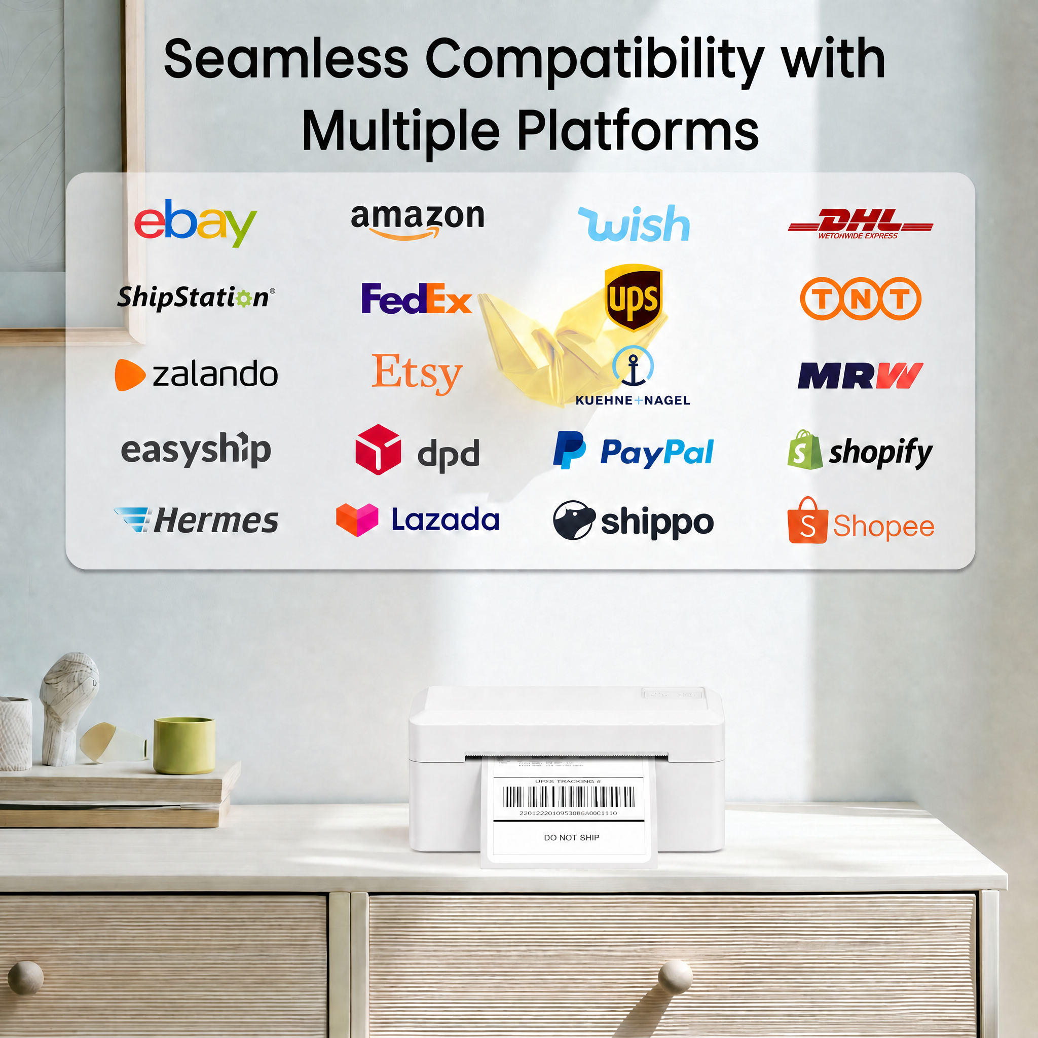 KNAON Y41BT white shipping label printer compatible with Shopify, Etsy, Amazon, eBay, UPS, FedEx, DHL, PayPal, and major shipping platforms