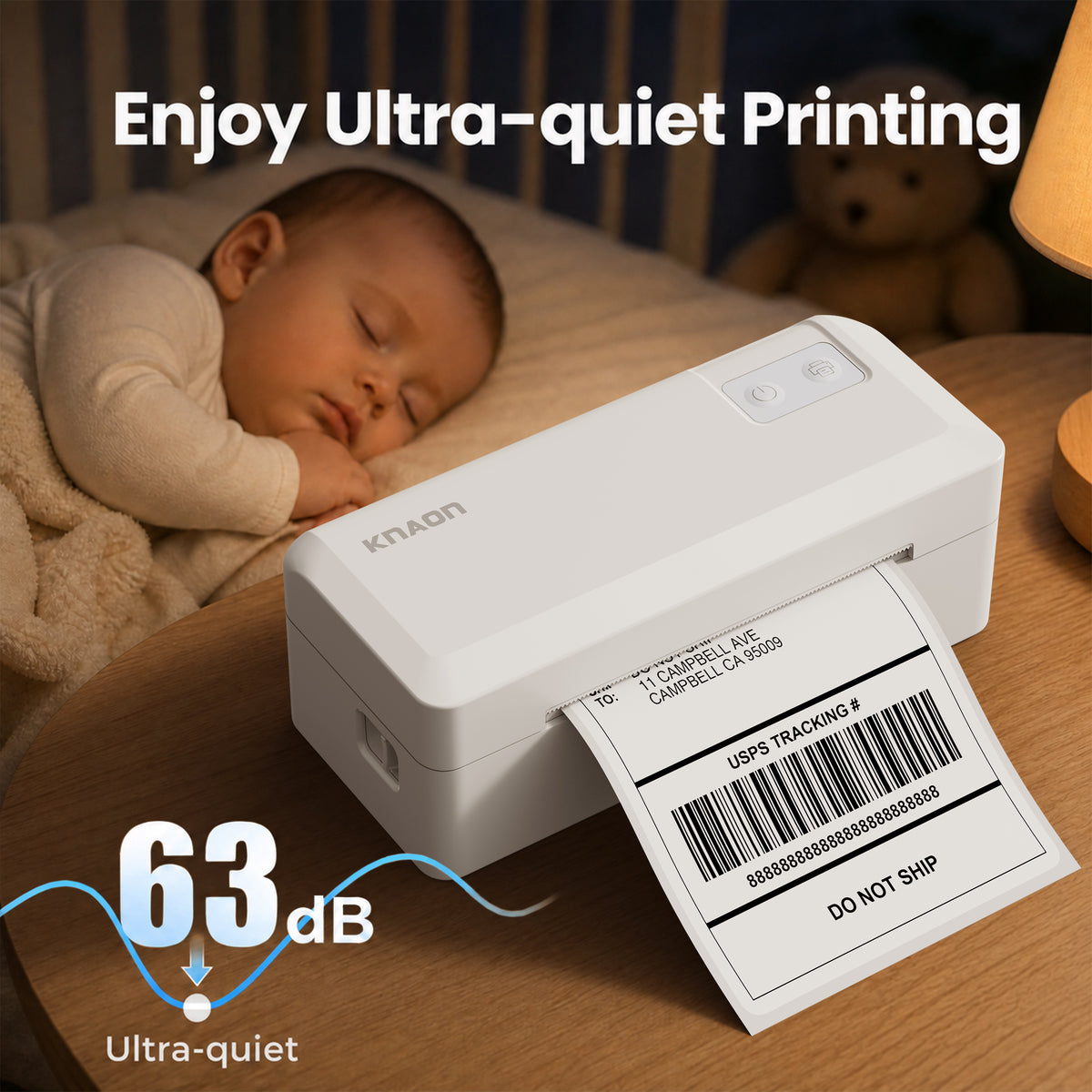 KNAON Y41BT white thermal shipping label printer with ultra-quiet 63 dB printing for home office and small business use