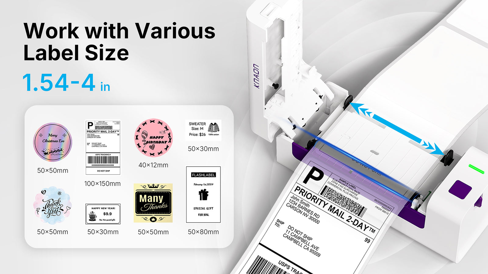KNAON Y486AP AirPrint wireless thermal label printer supports 1.54 to 4 inch labels for shipping labels, product labels, and stickers