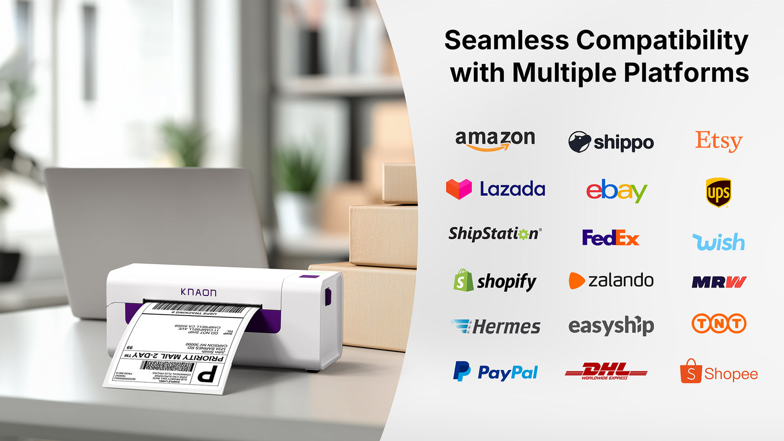 KNAON Y486AP AirPrint wireless thermal label printer compatible with Shopify, Etsy, Amazon, eBay, UPS, FedEx, DHL, and shipping platforms
